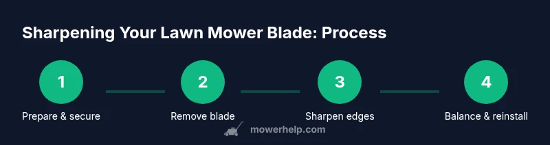 Diagram showing steps to sharpen a lawn mower blade with a sharpening tool