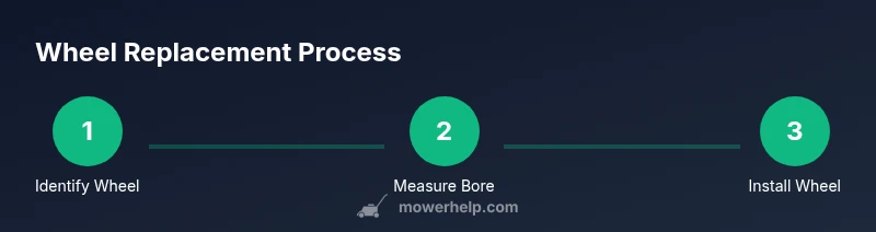 Process infographic showing wheel identification, measurement, and installation for Craftsman mower wheels