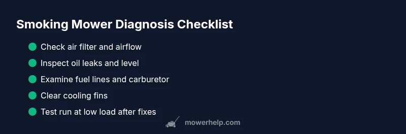 Checklist infographic showing steps to diagnose smoking lawn mower