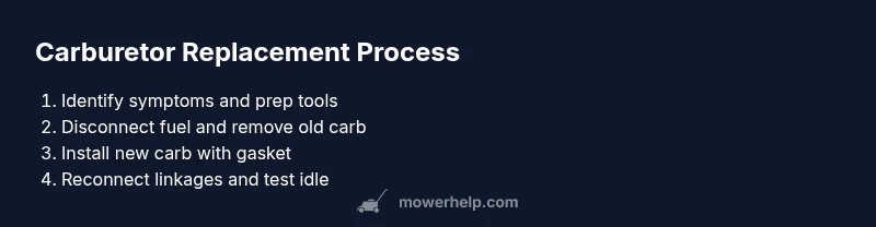 Infographic showing steps for replacing a lawn mower carburetor