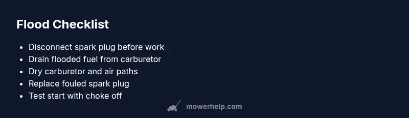 Checklist infographic for fixing a flooded lawn mower engine