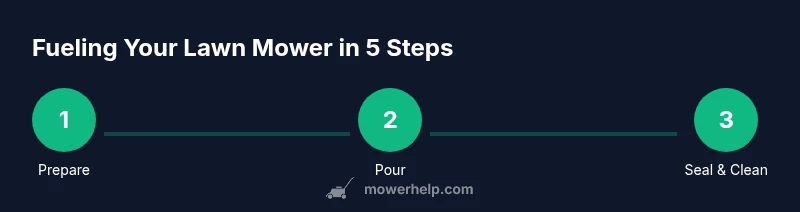 Process infographic showing fueling steps for a lawn mower
