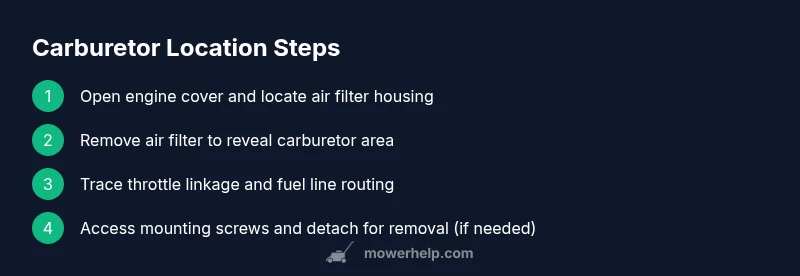 Process infographic showing lawn mower carburetor location steps