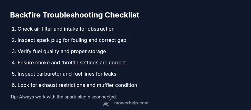 Checklist infographic for lawn mower backfire troubleshooting