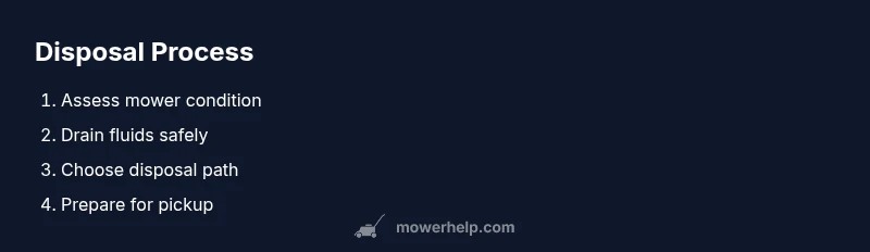 Process infographic showing disposal steps for a broken lawn mower