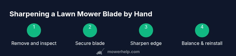Process infographic showing steps to hand-sharpen a lawn mower blade