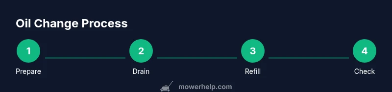 Process diagram showing the oil change steps for a lawn mower