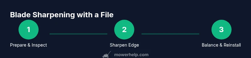 A workshop scene showing a lawn mower blade sharpening with a file