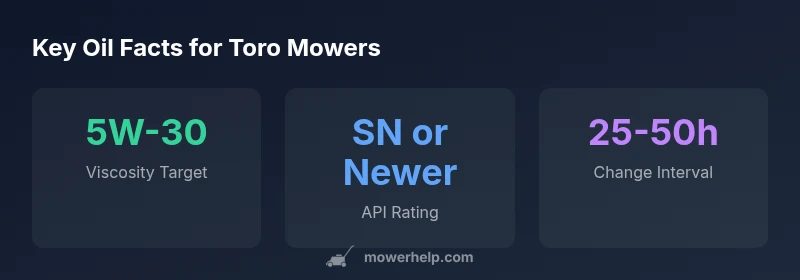 Infographic showing oil viscosity, API rating, and maintenance interval for Toro lawn mowers