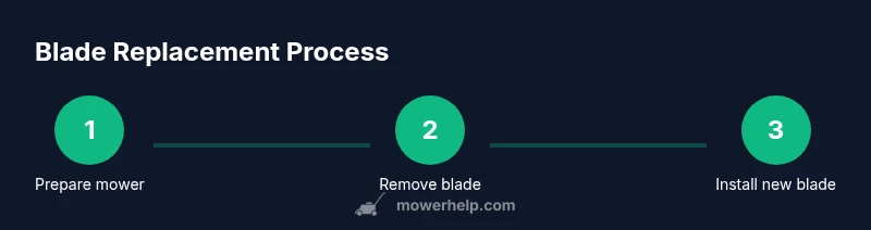 Process diagram showing replacement of a lawn mower blade