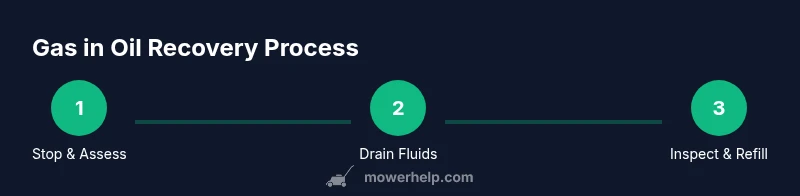 Process infographic showing steps to remove gas from oil in a lawn mower