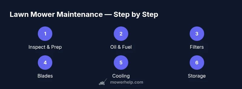 Process diagram showing 6 steps of lawn mower maintenance