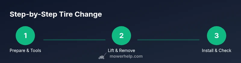 Infographic showing a three-step tire change process for a lawn mower