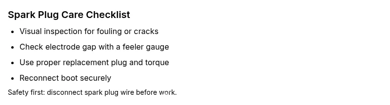 Checklist for spark plug inspection and replacement on a lawn mower