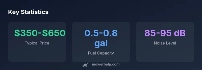 Infographic showing price range, fuel capacity, and noise level for gas mowers