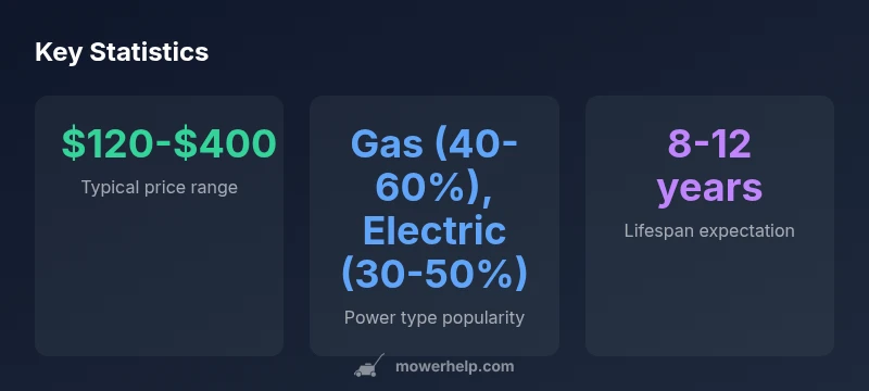 Infographic showing push mower pricing, power type popularity, and lifespan