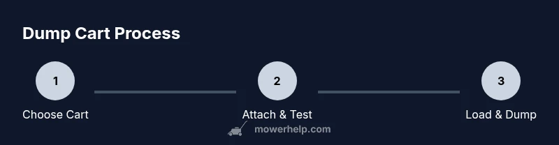 Process infographic showing selecting, attaching, and using a lawn mower dump cart