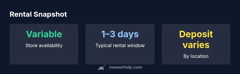 Infographic showing Home Depot lawn mower rental availability, typical duration, and deposit variability