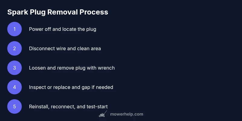 Infographic showing spark plug removal steps for lawn mowers